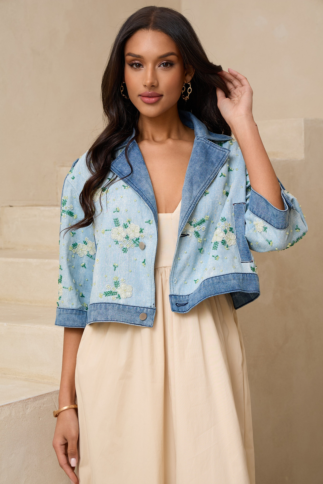 Flower Beaded Short Denim Jacket