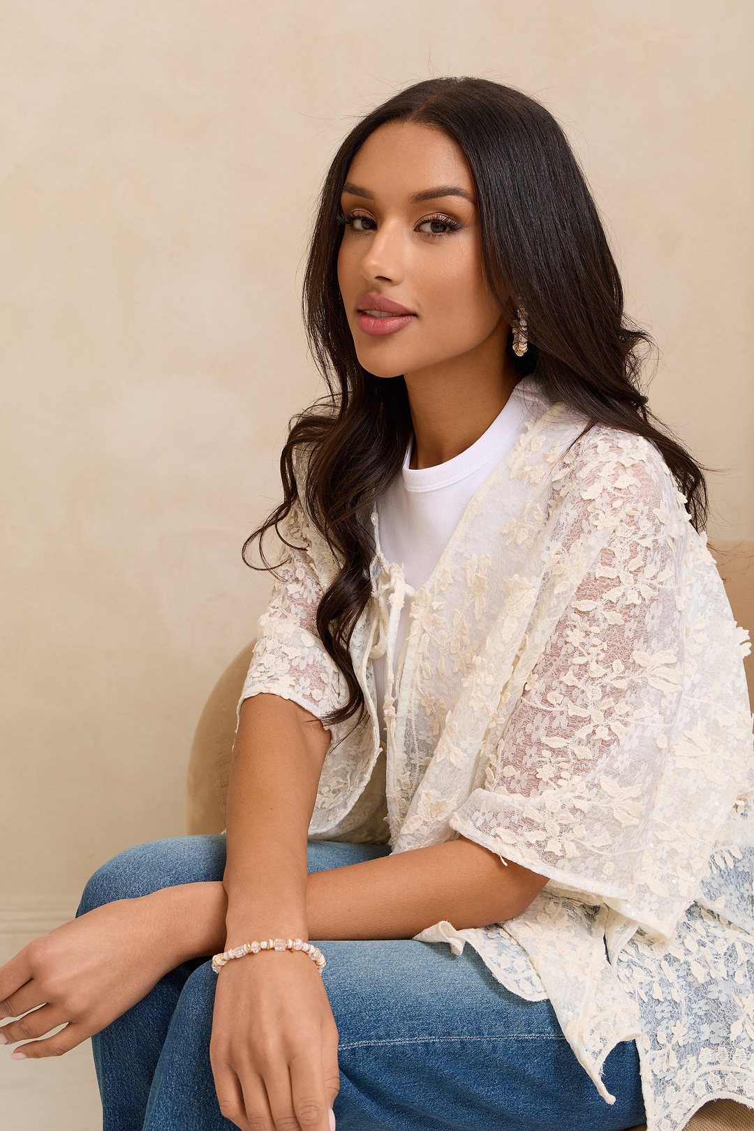 Floral Lace Tie Front Ruana - Ivory