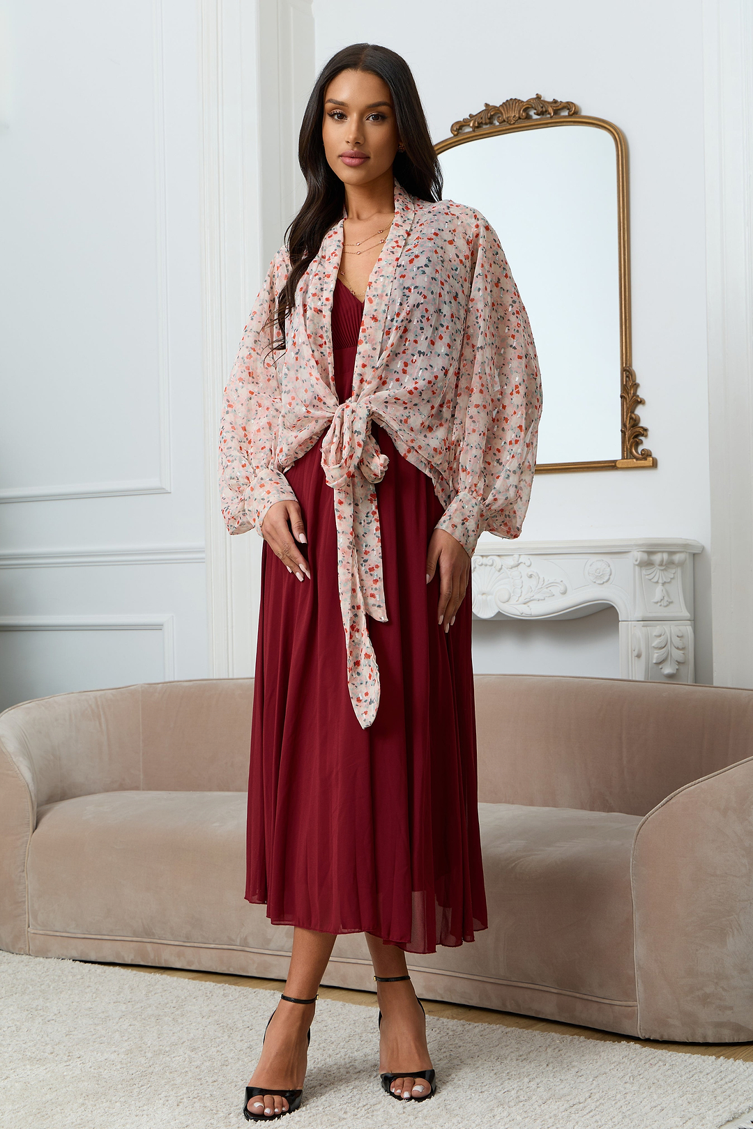 Tie Front Floral Kimono - Lavender Blush