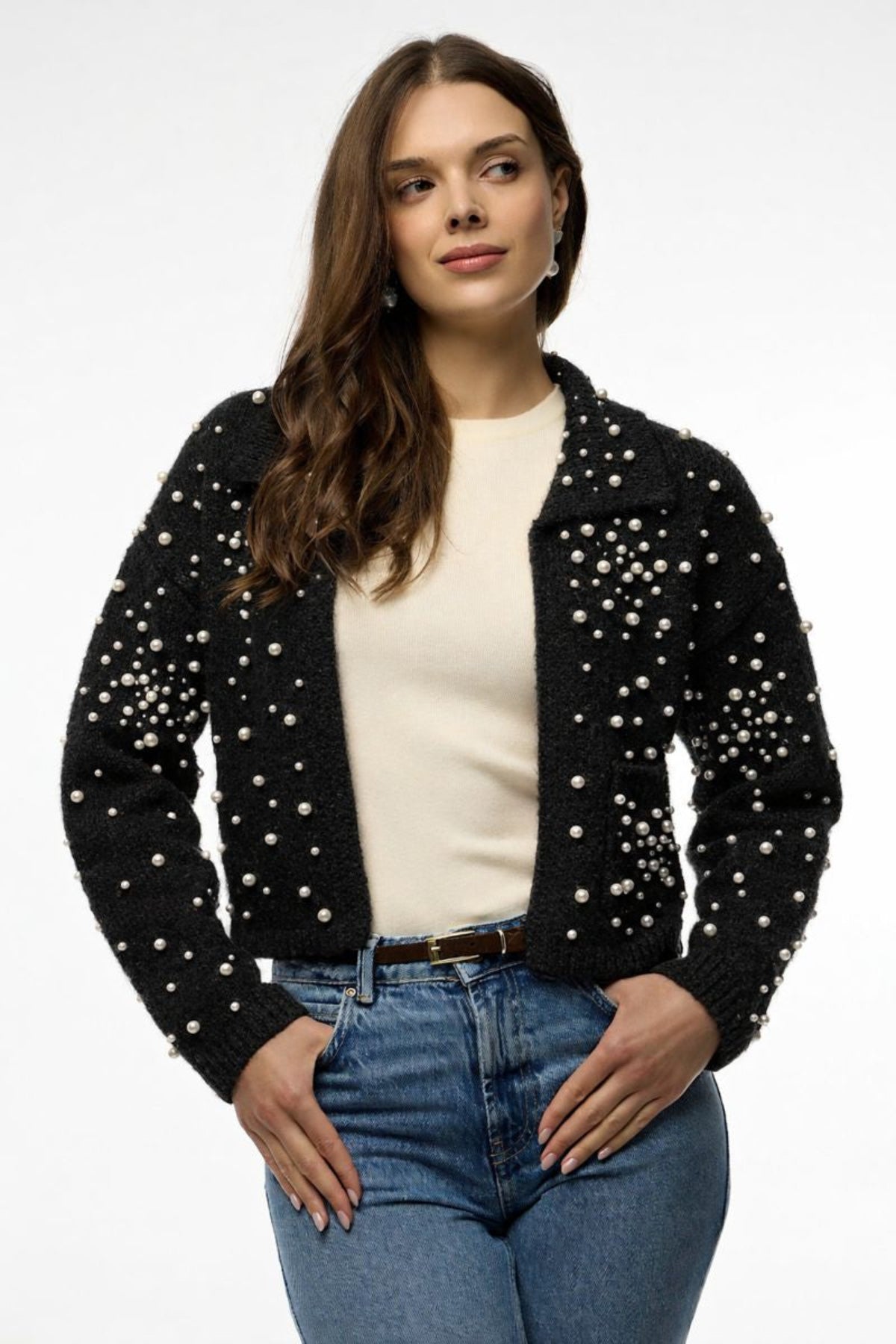 Pearl Collared Open Cardigan | SAACHI