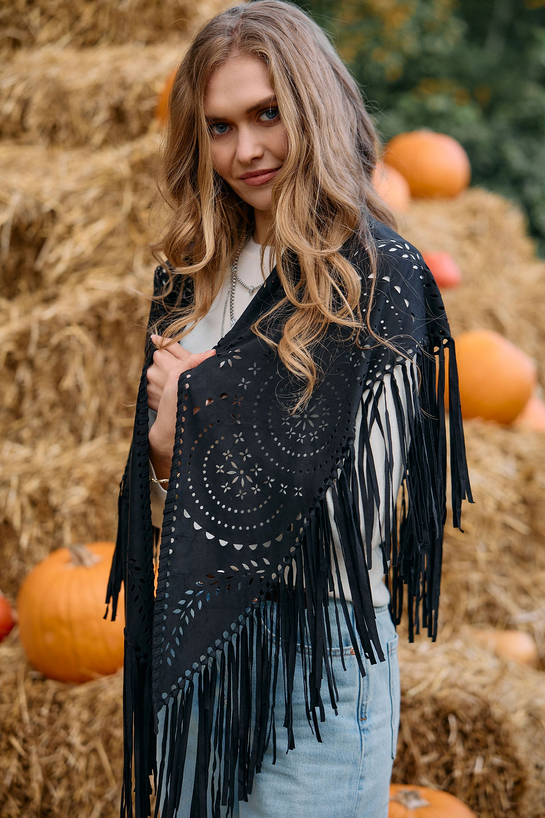Paisley Laser Cut Fringe Triangle Wrap