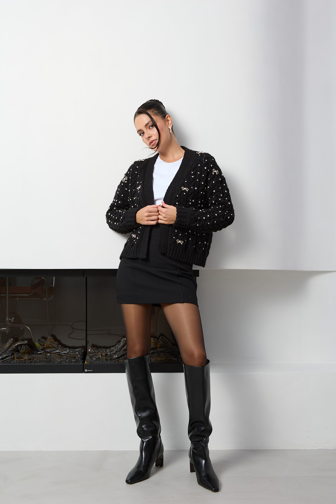Bow Jeweled Cardigan - Black