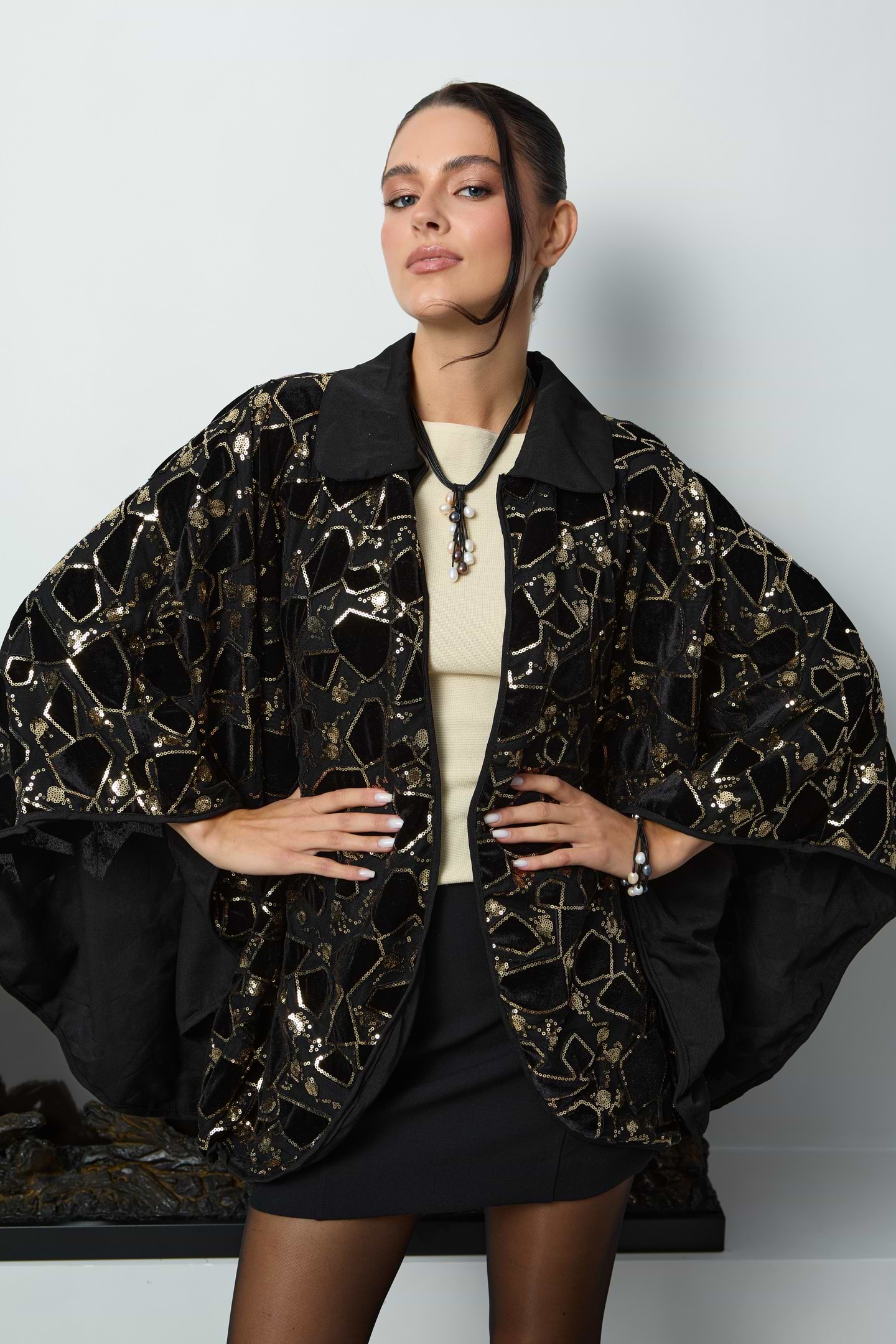 Velvet Sequin Collared Capelet - Black
