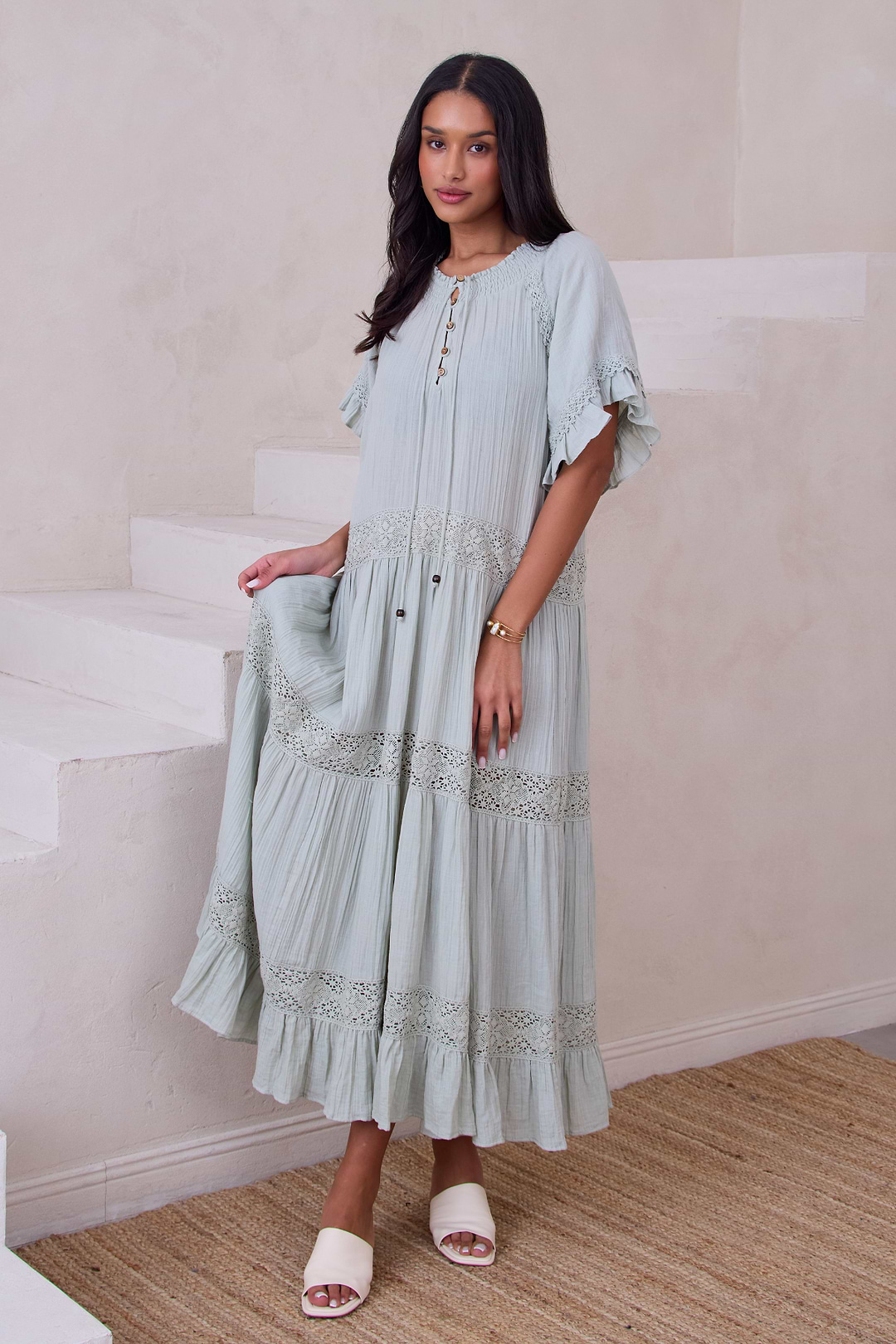 Cotton Long Kaftan Dress - Sage