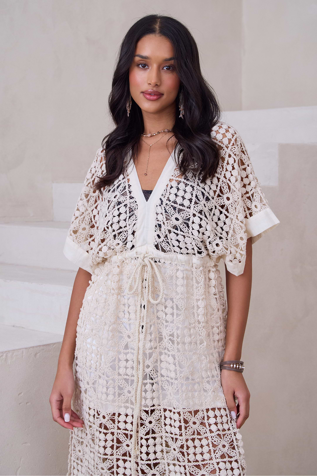 V-Neck Tie-Front Crochet Cover Up - Ivory