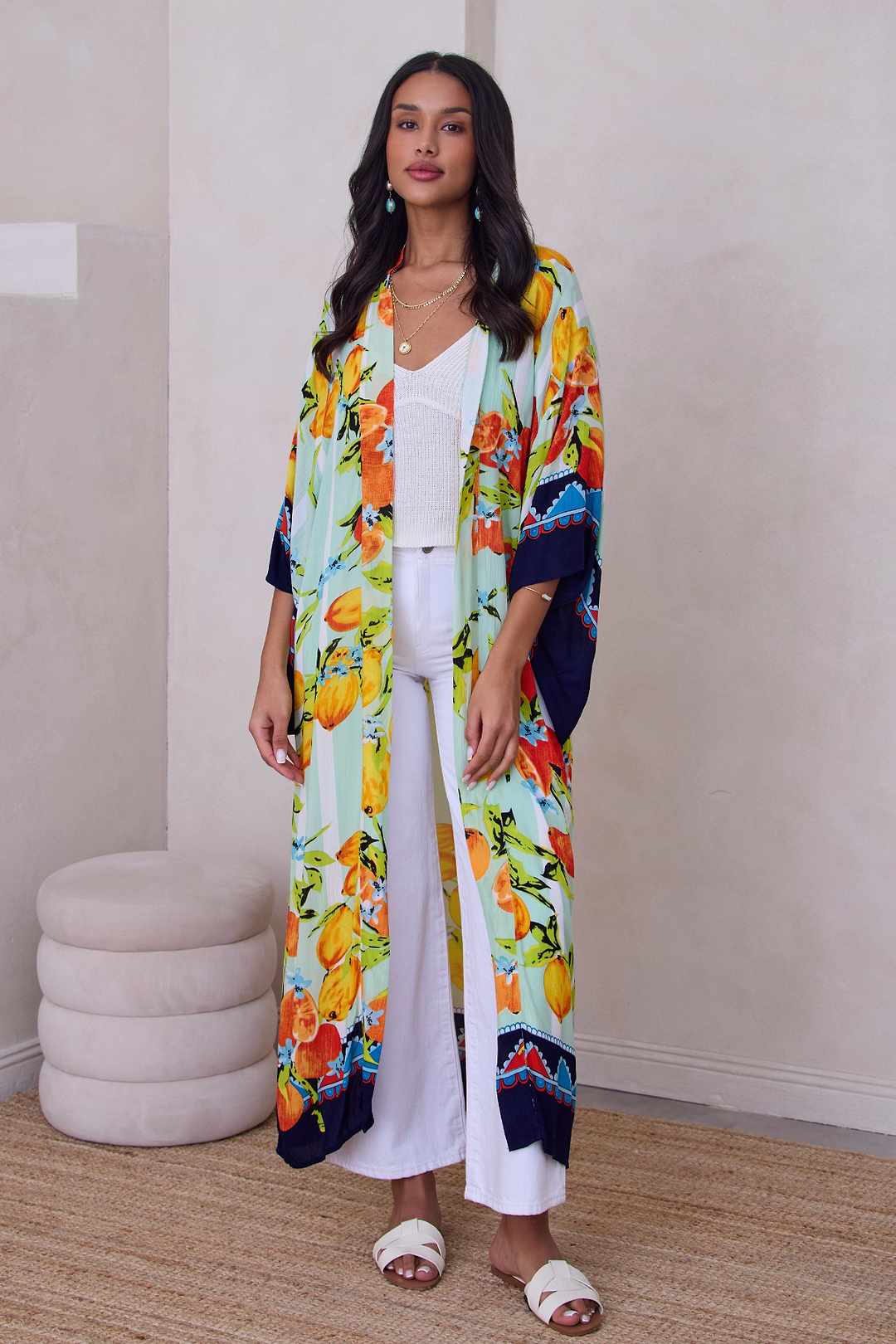 Citrus Print Kimono Long - Dark Blue