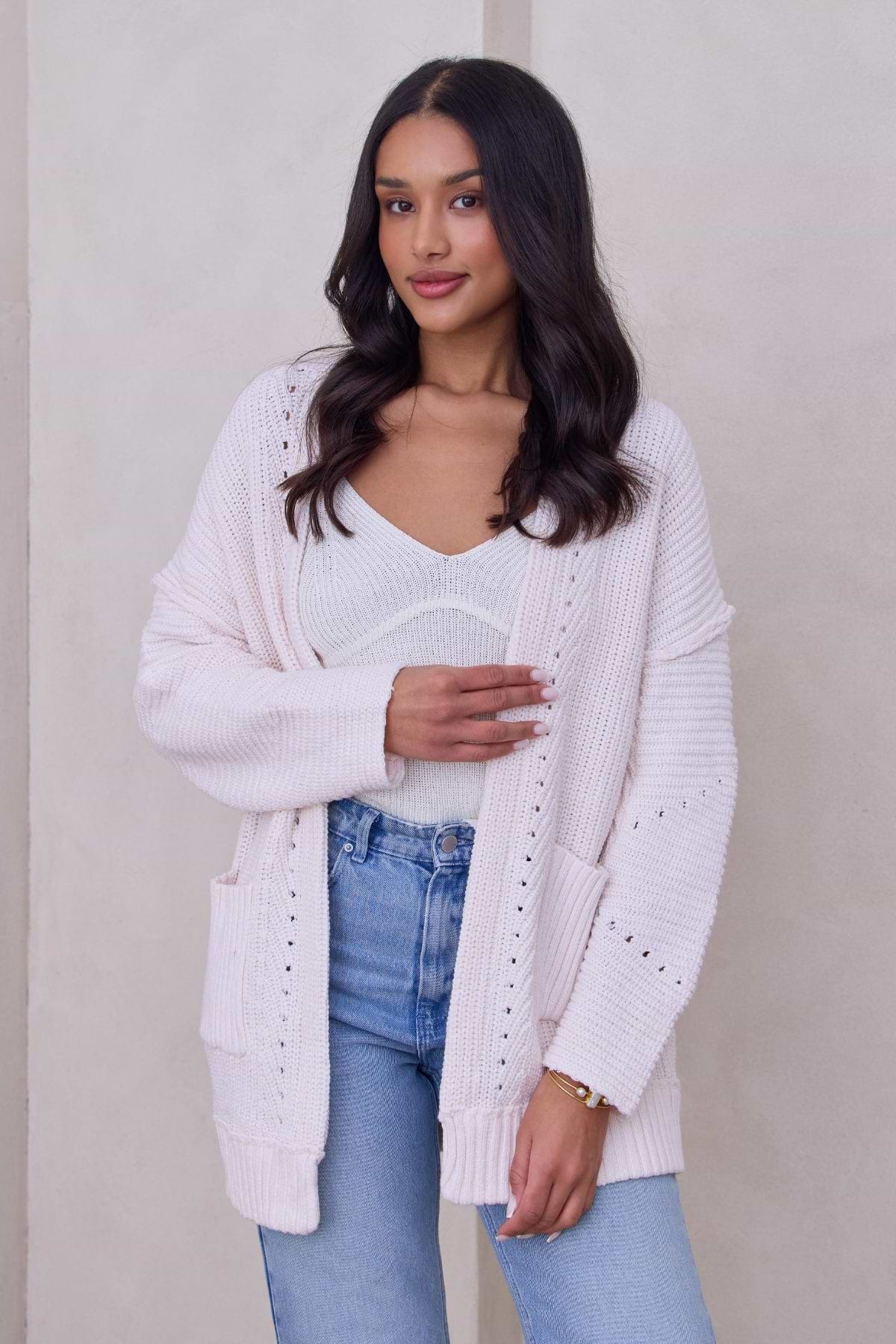 Ribbed Knit Open Cardigan Sweater - Ivory