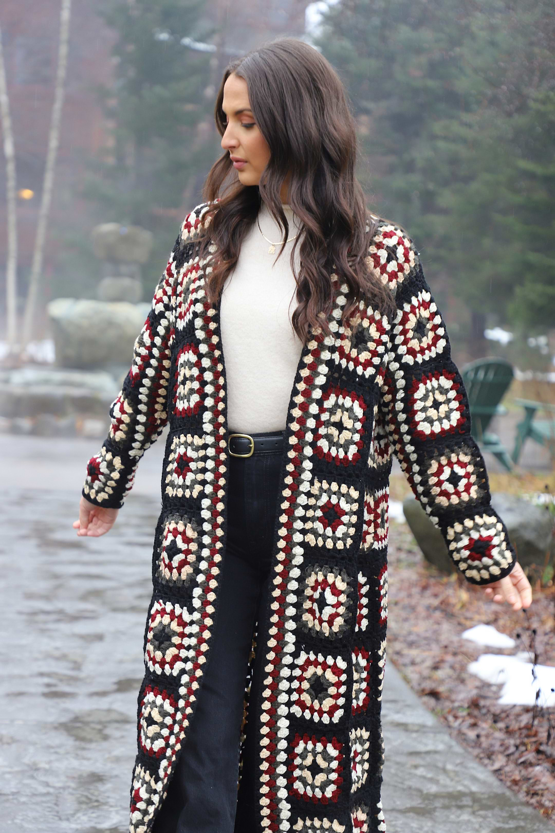 Crochet Kimono Long Cardigan Sweater - Black