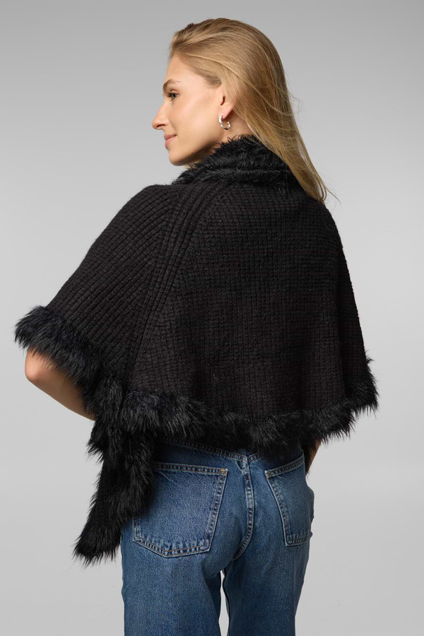 FUR TRIM KNIT OPEN CARDIGAN - Black