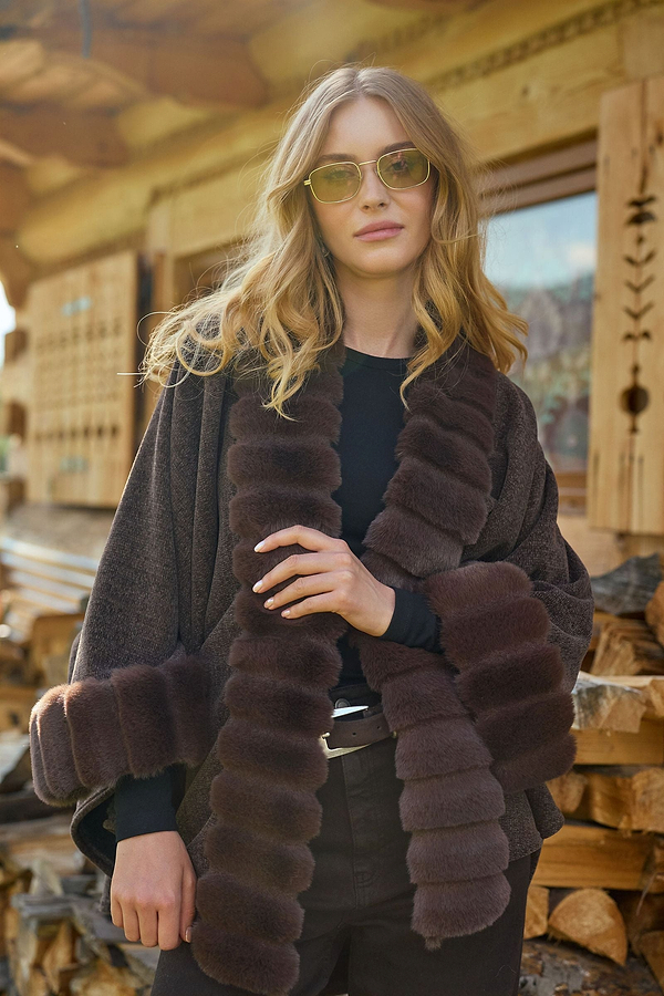 Luxe Faux Fur Trim Cape - Dark Brown