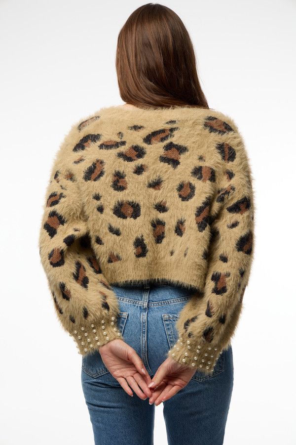 Animal Print Pearl Cardigan - Brown