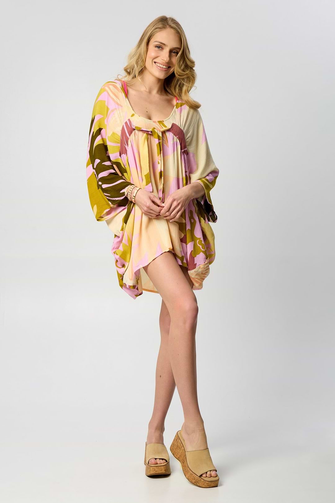 Multicolor Floral Short Kaftan - Cream