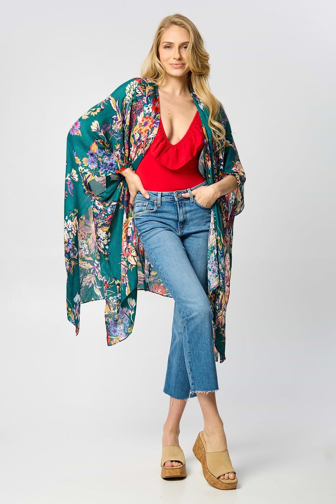 Flowy Floral Kimono - SAACHI - Teal