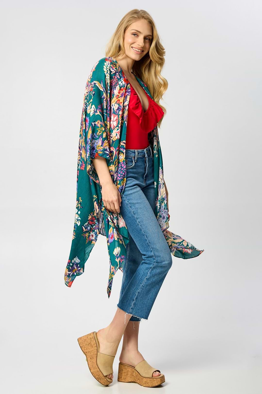 Flowy Floral Kimono - SAACHI - Teal