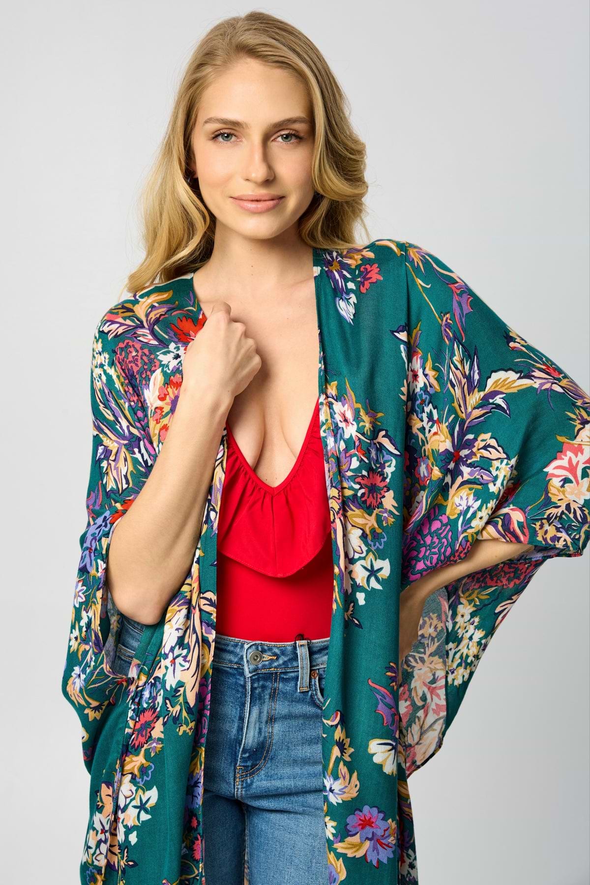 Flowy Floral Kimono - SAACHI - Teal