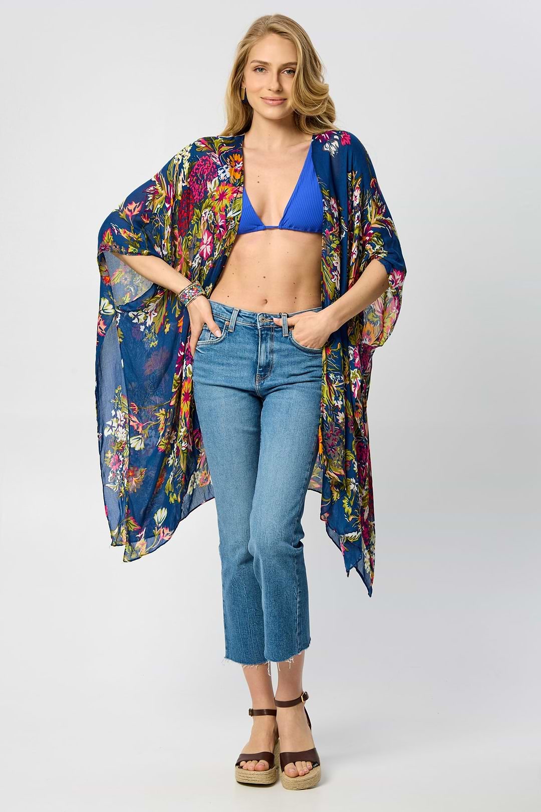 Flowy Floral Kimono - SAACHI - Medium Blue