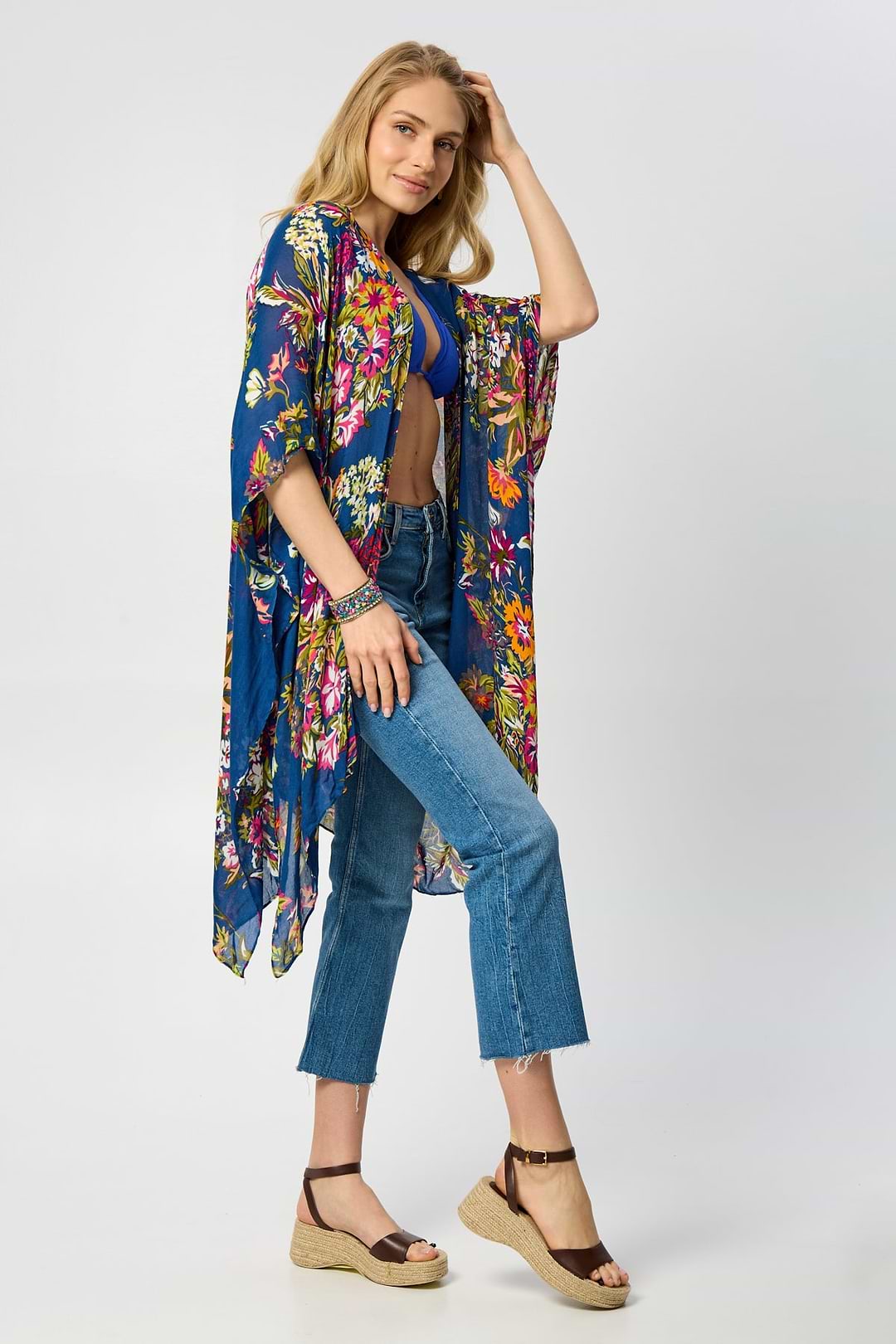 Flowy Floral Kimono - SAACHI - Medium Blue