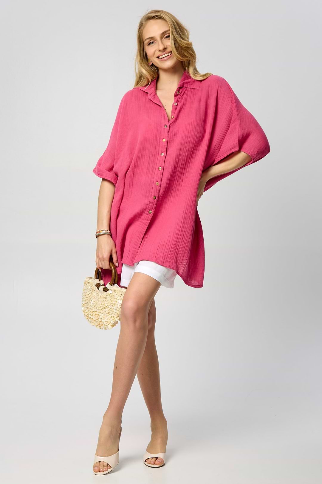 Oversized Textured Cotton Shirt - Magenta