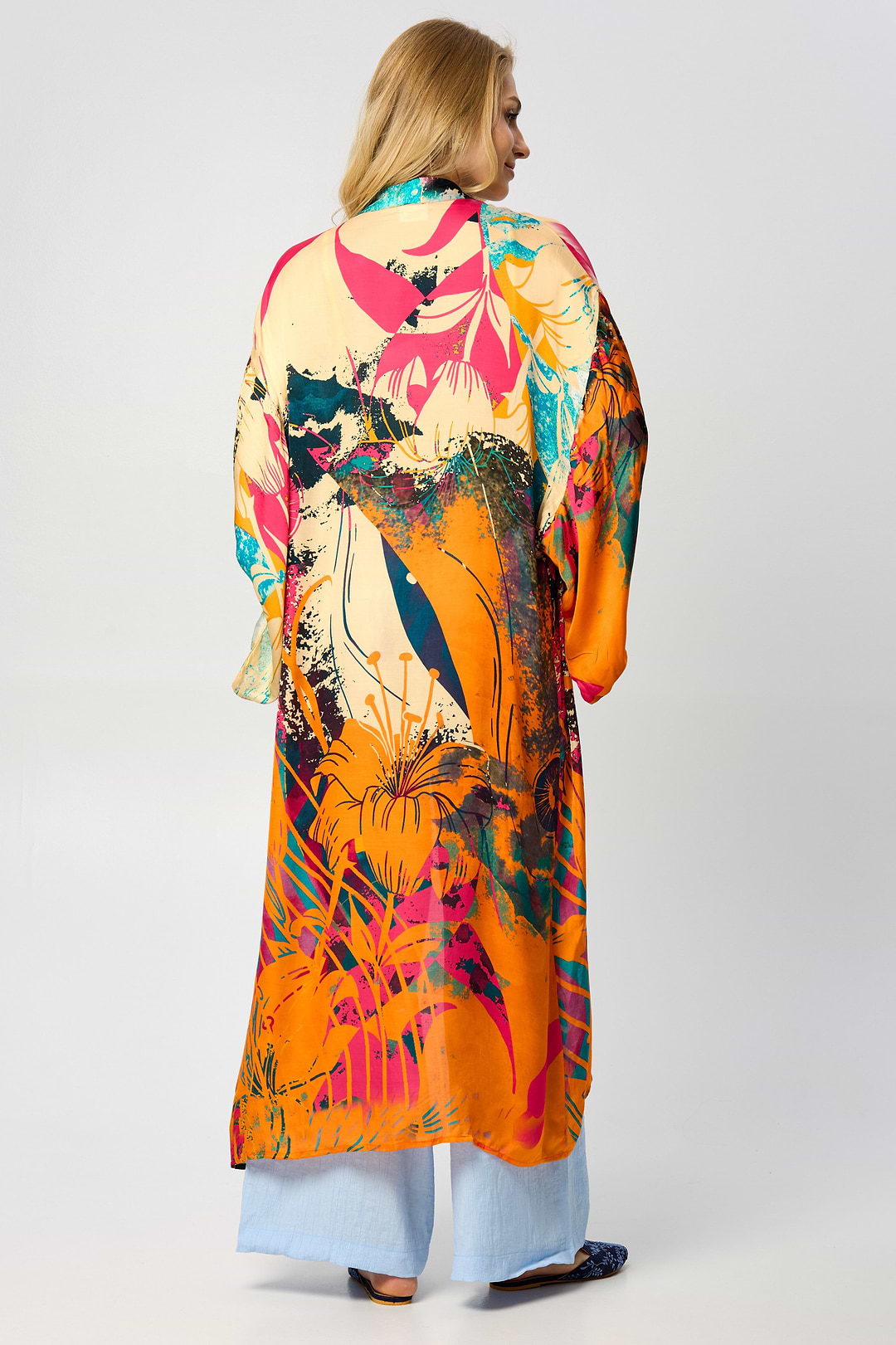Vibrant Satin Kimono Abstract Dark Orange