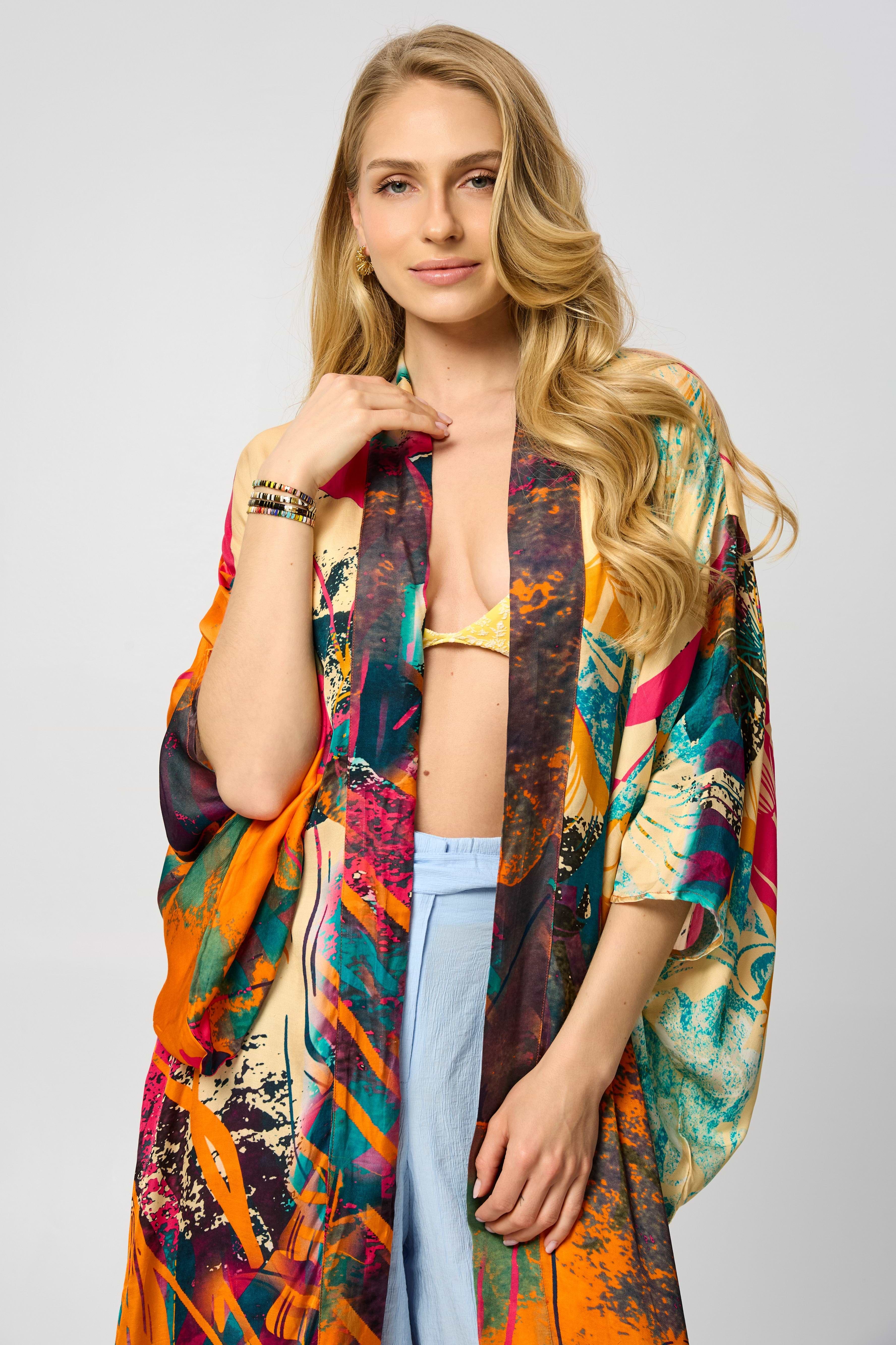 Summer Abstract Satin Kimono for Women | SAACHI