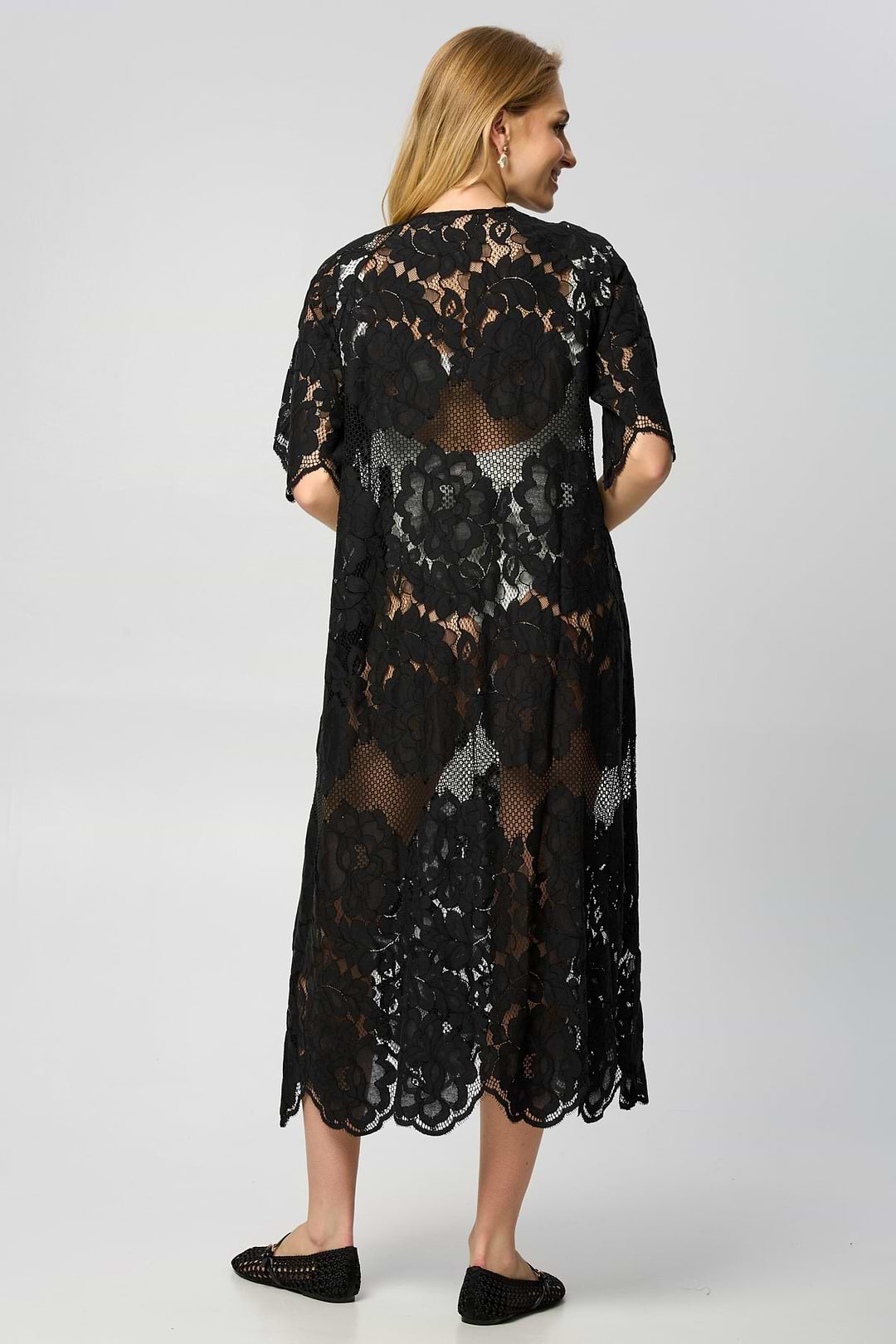 Floral Mesh Lace Kaftan - Black