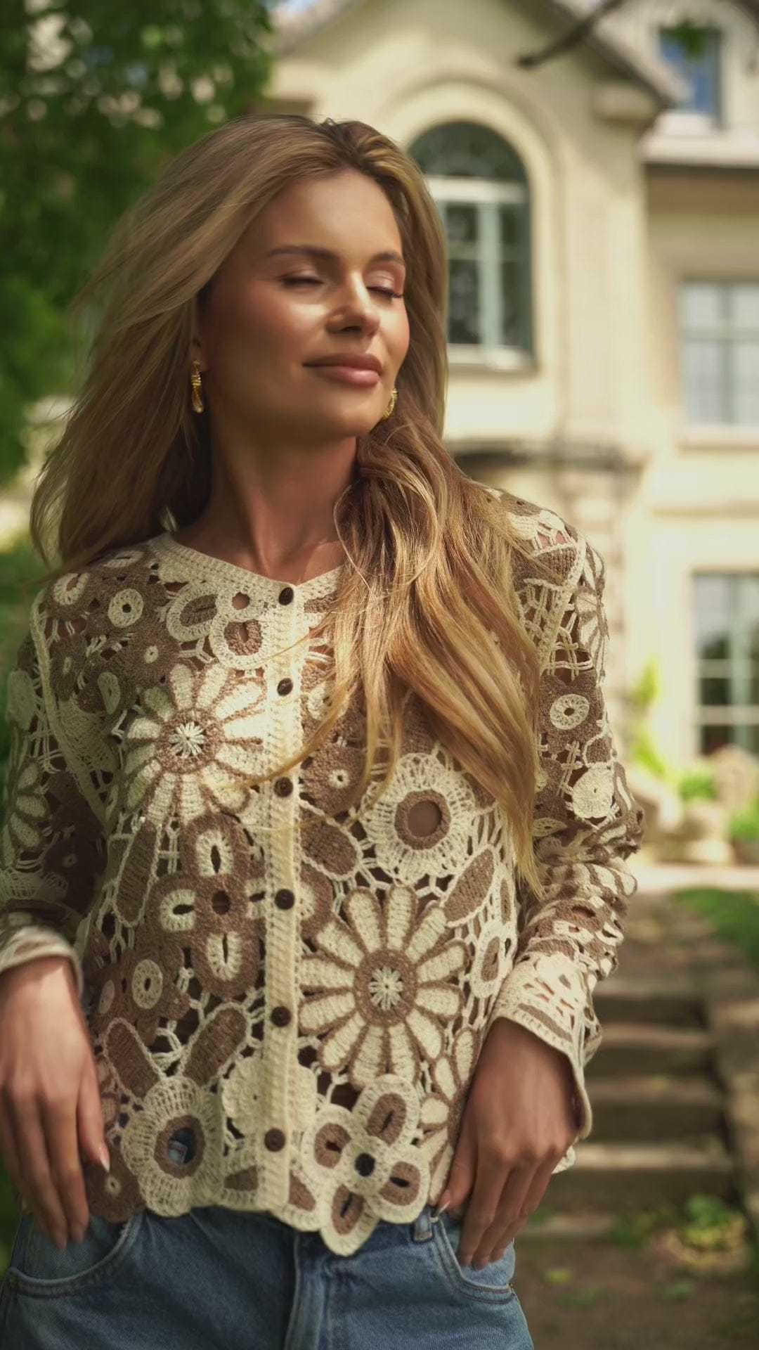 Flower Lace Crochet Jacket - Brown