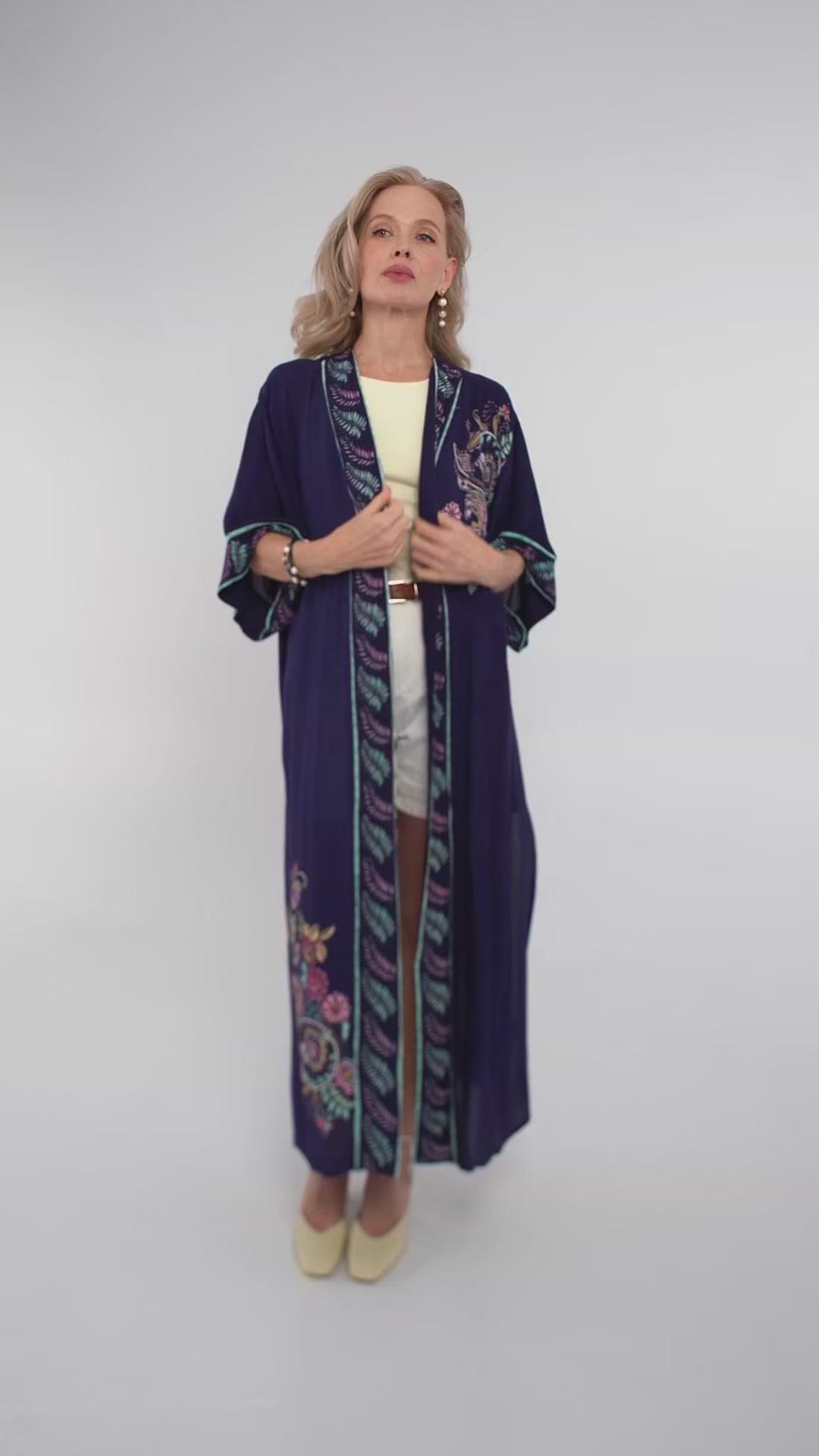 Flowy Paisley Kimono Long - Navy