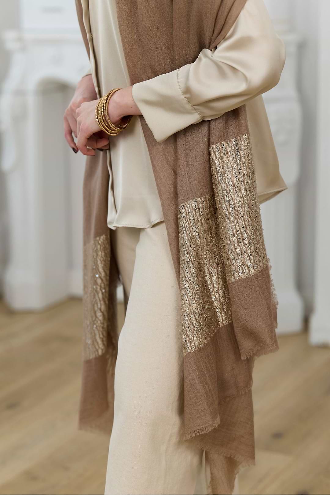 Embellished Cashmere Wrap - Wheat