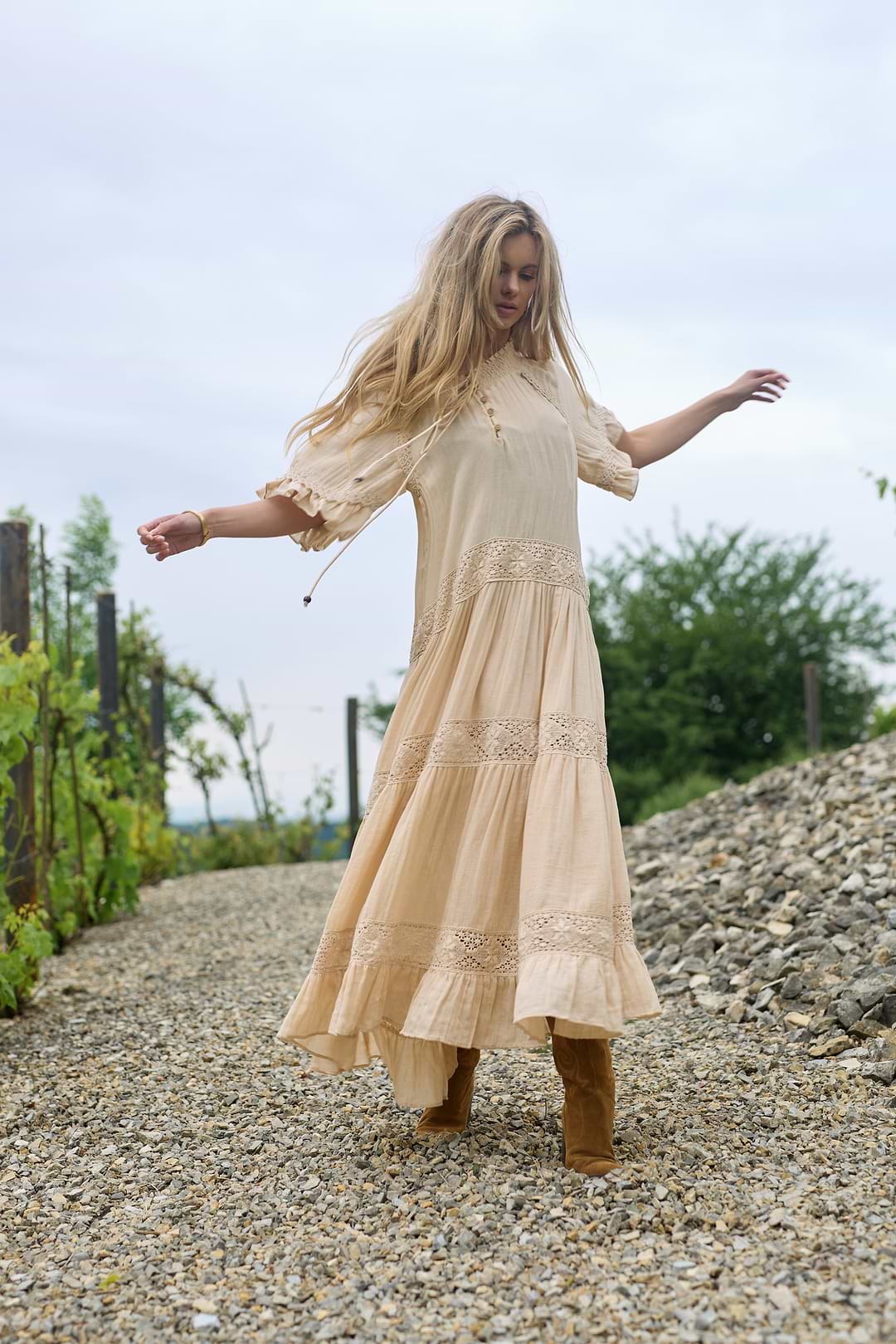 Cotton Long Kaftan Dress - Beige