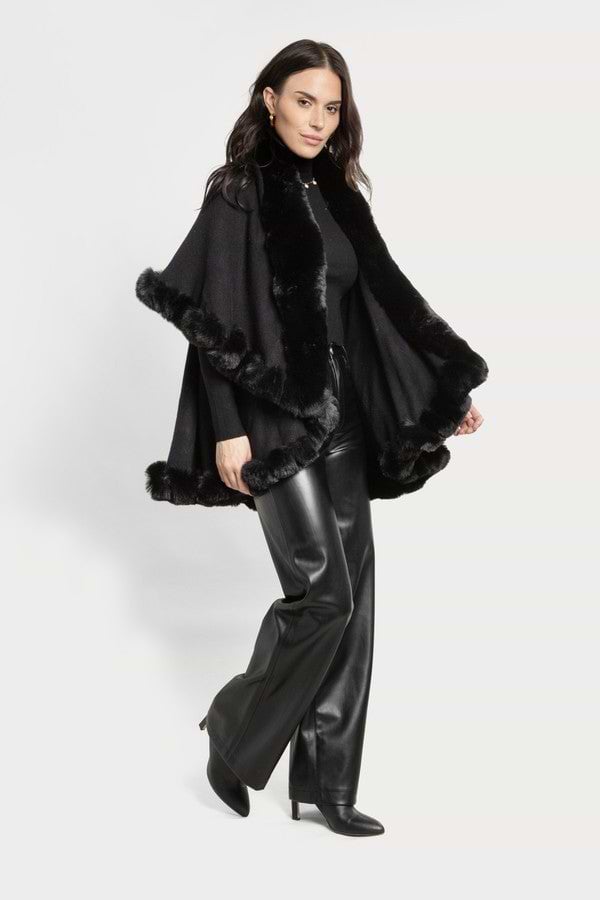 Layered Kimono Faux Fur Cape - Black