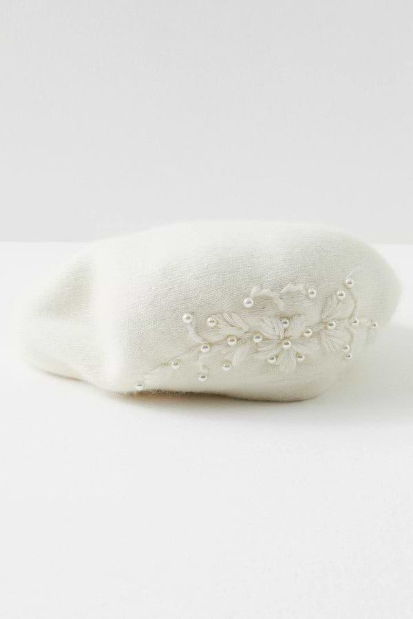 Pearl Embellished Floral Beret - Ivory