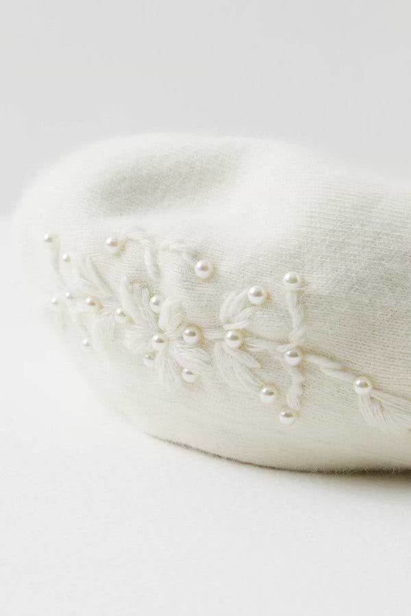 Pearl Embellished Floral Beret - Ivory