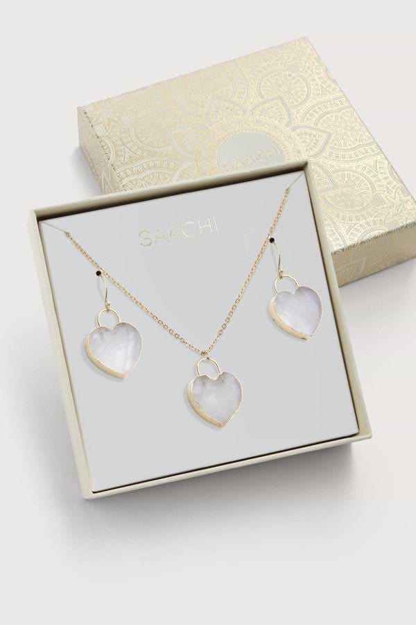 Natural Stone Heart Earrings And Necklace Set - White
