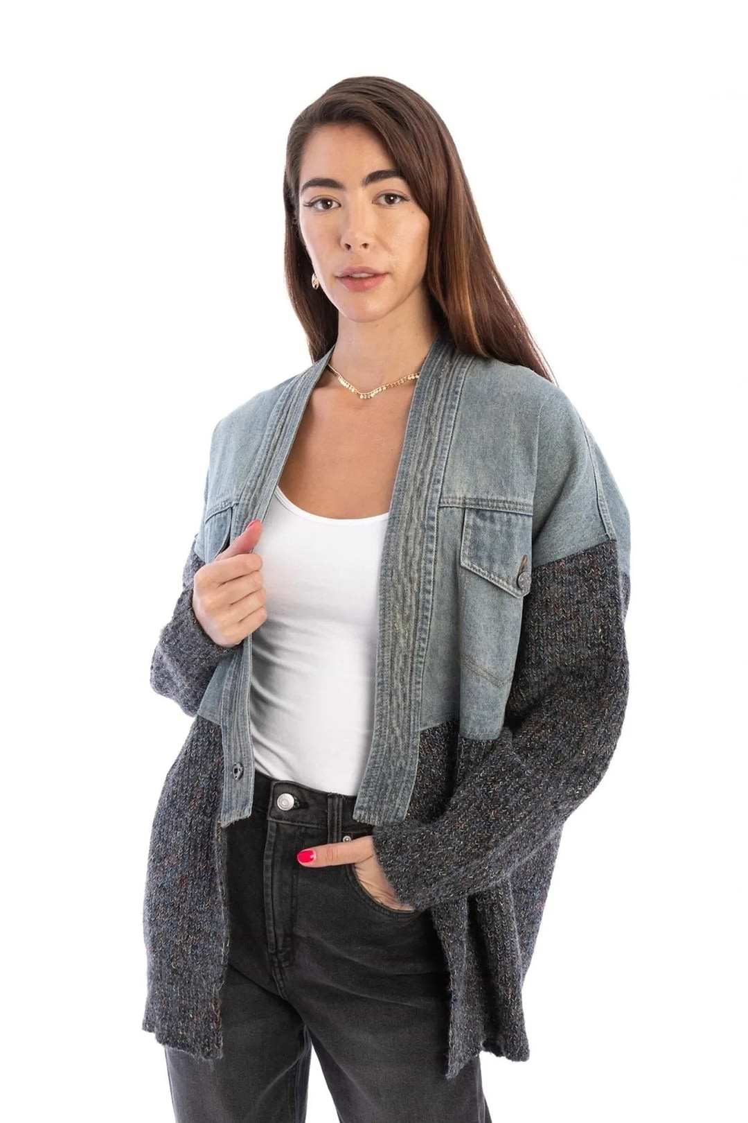 Denim and Grey Combo Jacket - Dim Gray