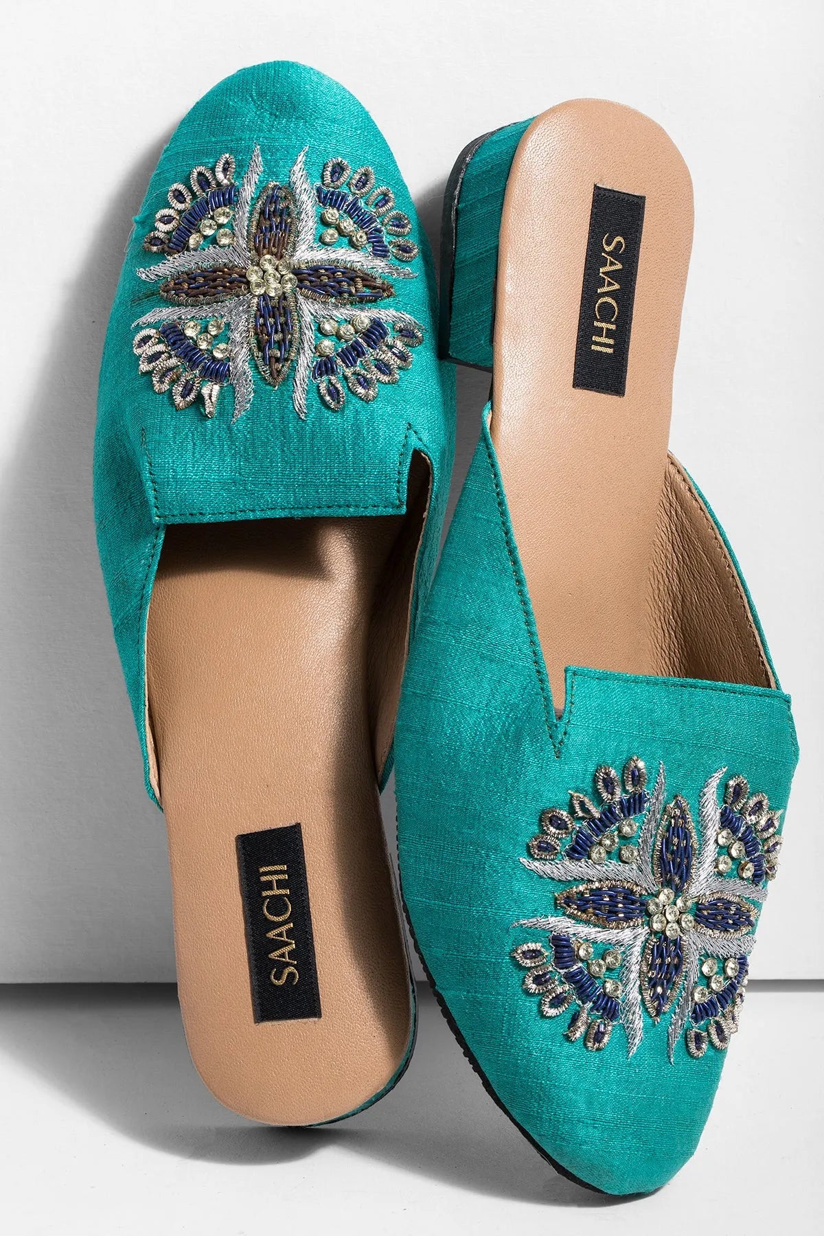 Peacock Embroidered Mule Turquoise