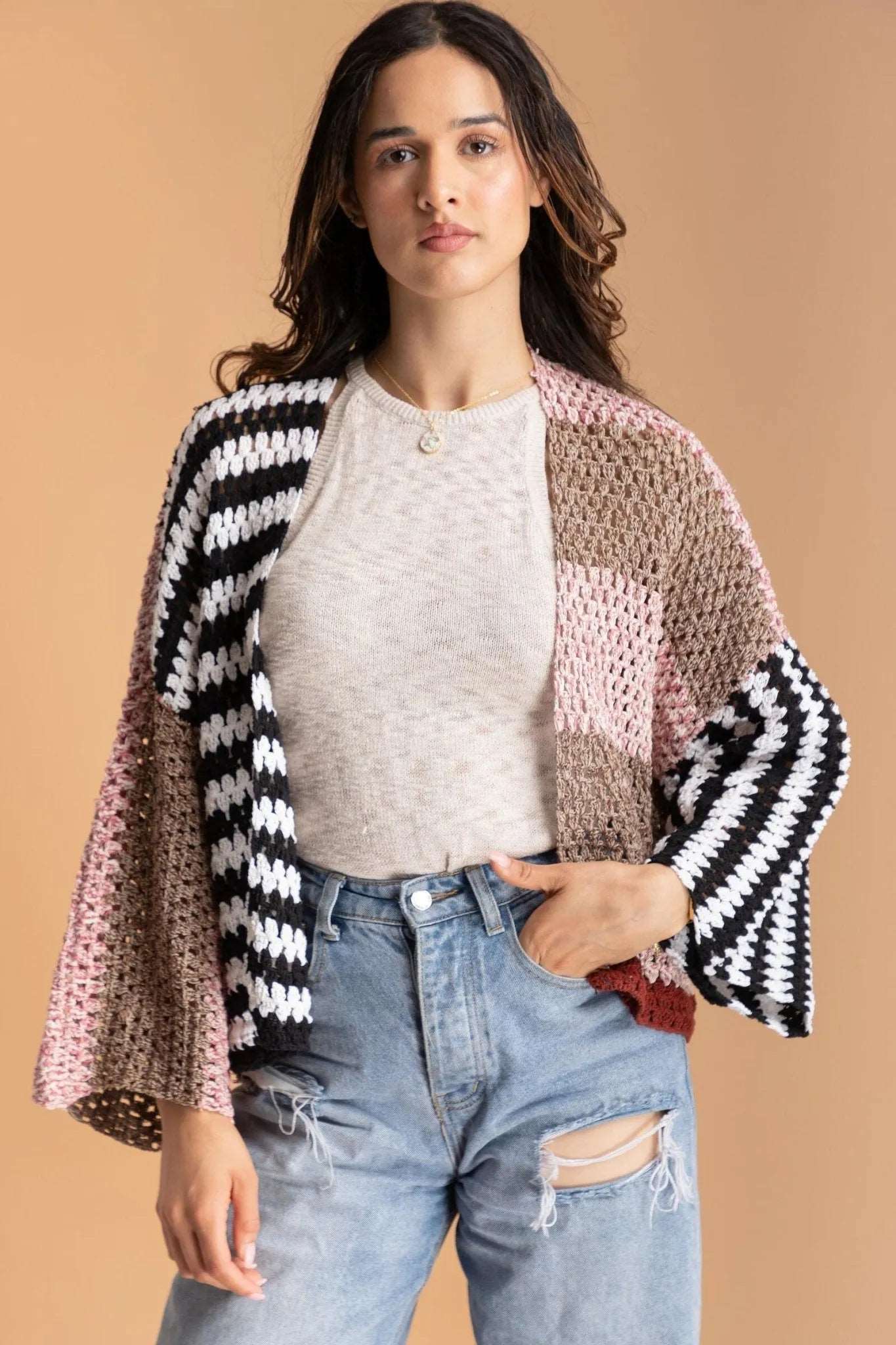 Crochet Granny Square Pattern Jacket - Lavender Blush