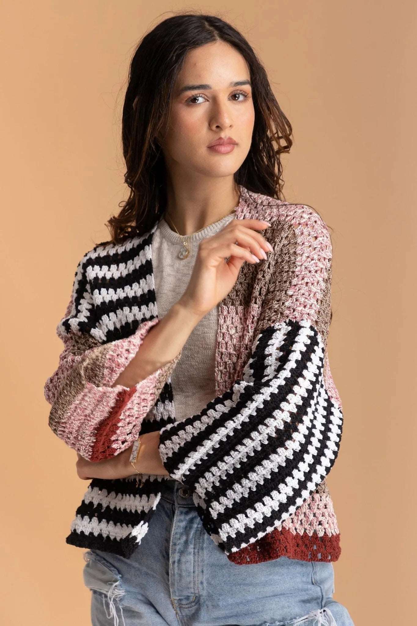 Crochet Granny Square Pattern Jacket - Lavender Blush