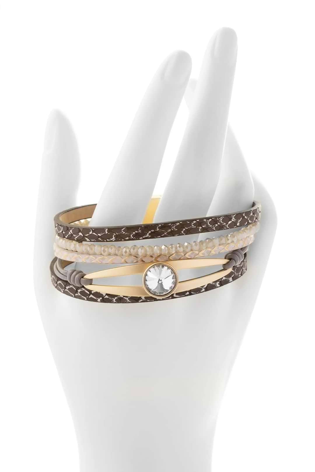 Crystal Adorned Leather Bracelet Burly Wood