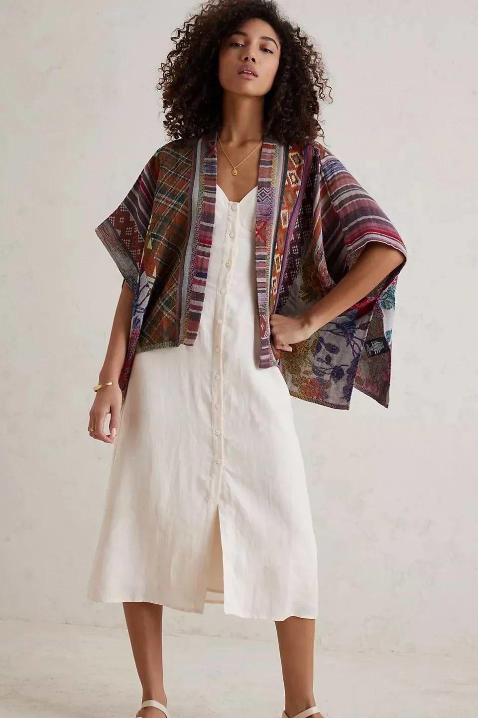 Floral Geometric Short Open Poncho - Dark Multi