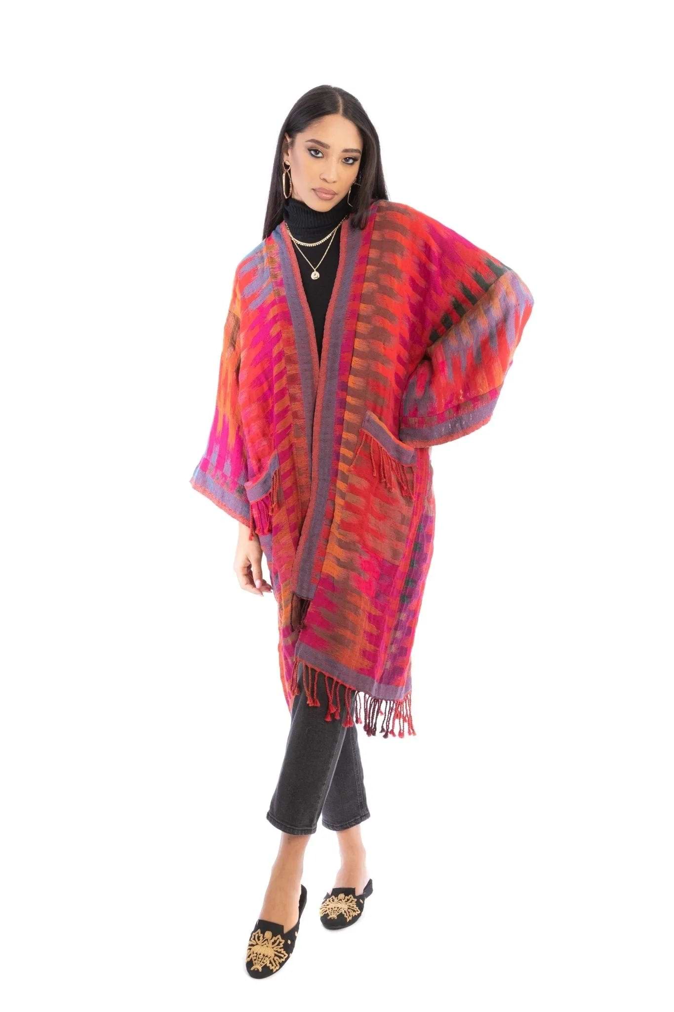 Cotton Retro Striped Fringe Long Jacket - Pale Violetred