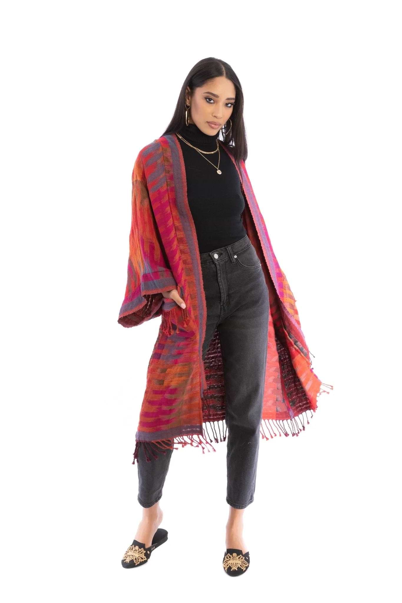 Cotton Retro Striped Fringe Long Jacket - Pale Violetred
