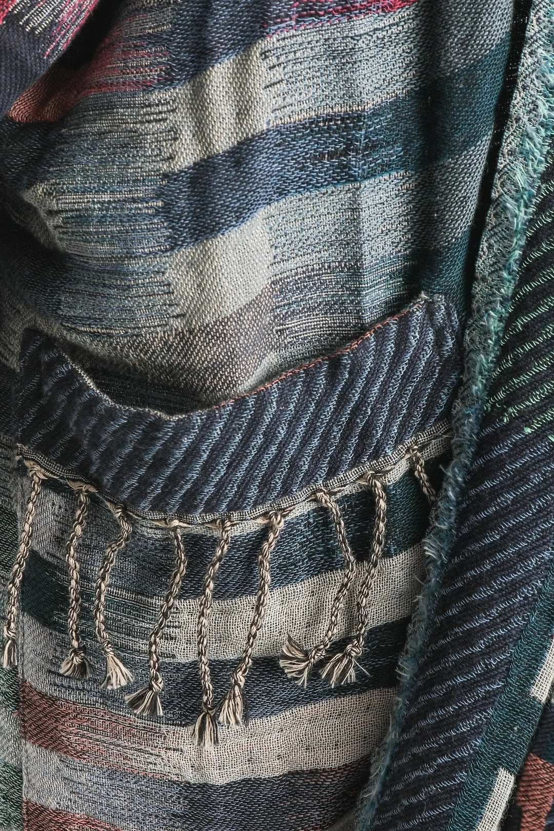 Cotton Retro Striped Fringe Long Jacket - Gray