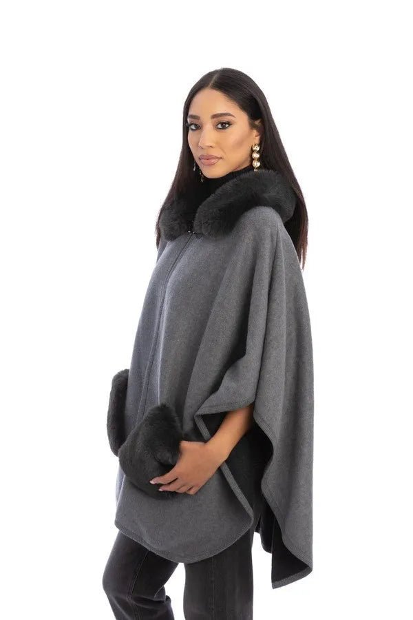 Faux Fur Pocket Kimono - Dark Gray