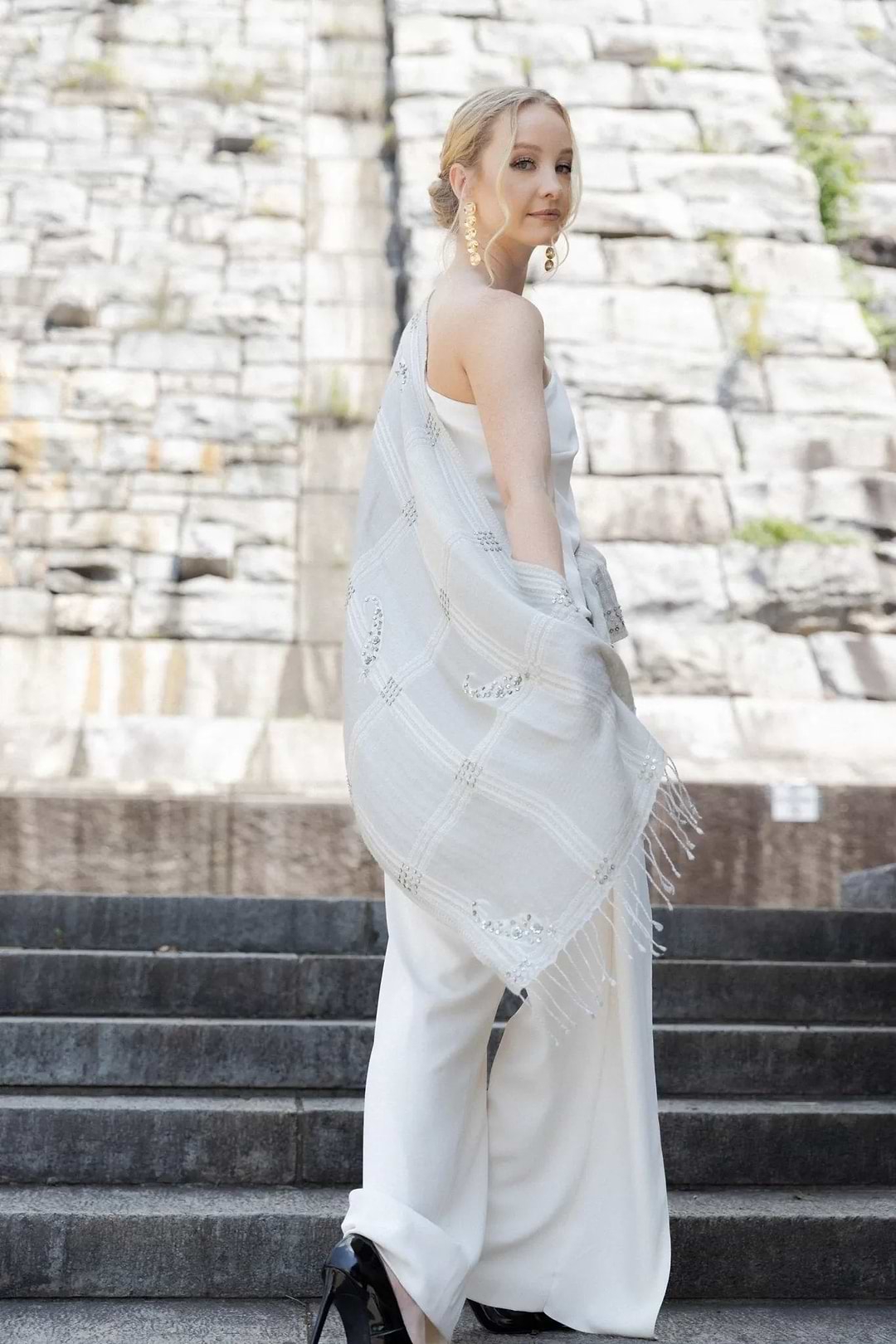 Sequin Oversized Block Scarf - Beige
