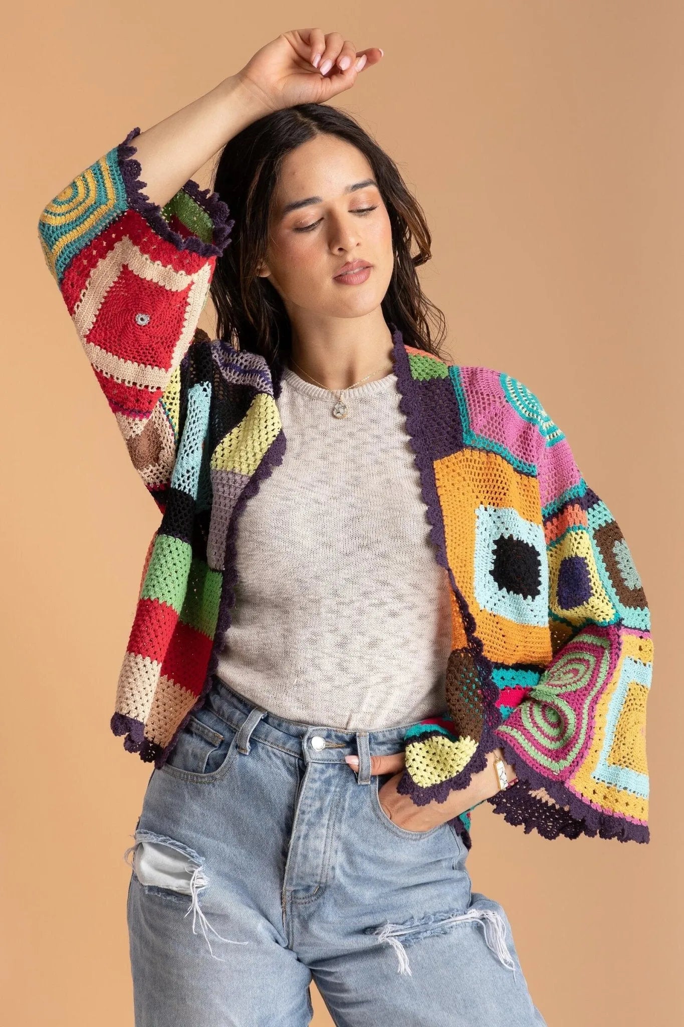 Multicolored Crochet Cardigan Cotton Jacket - Dark Multi