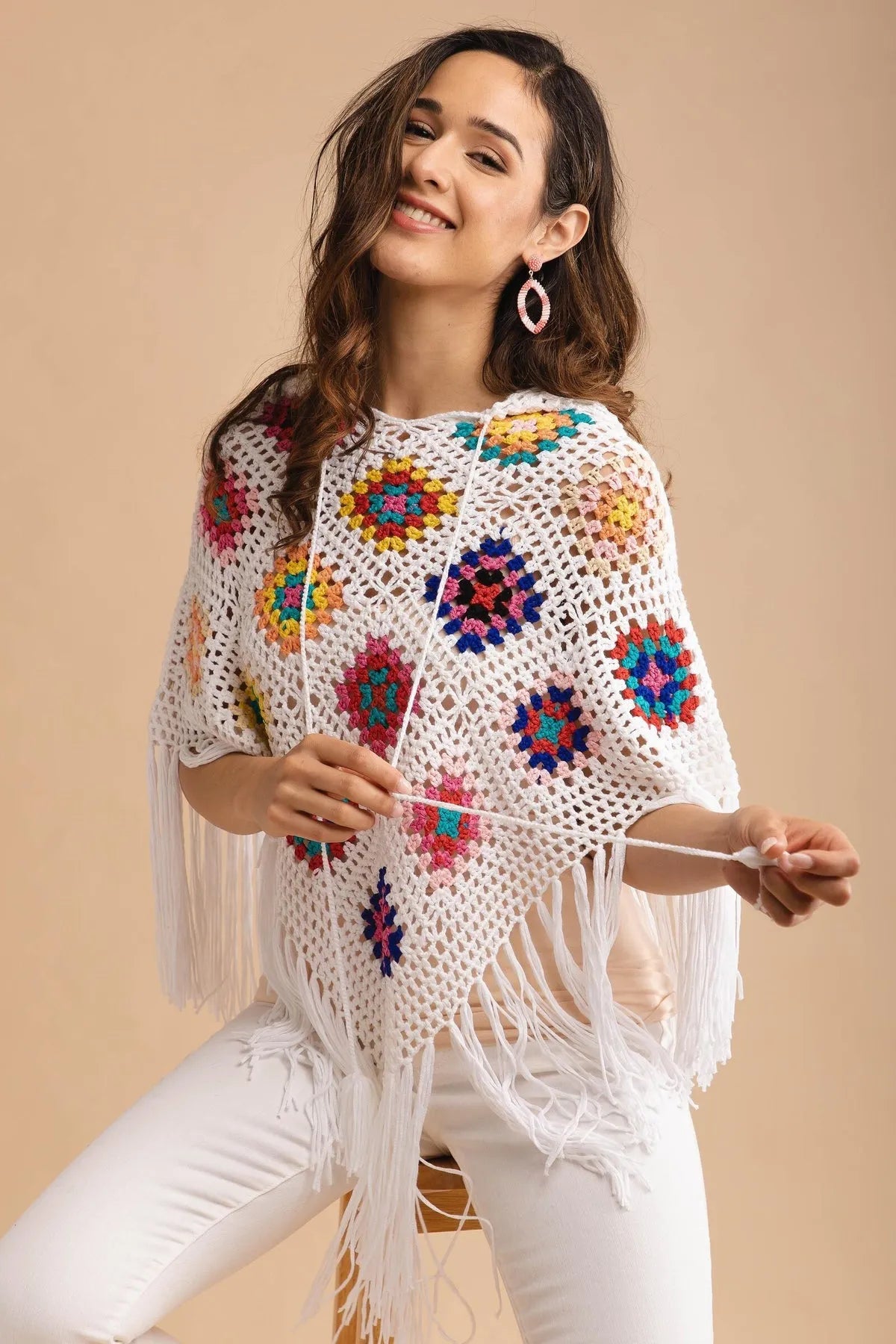 White Square Crochet Fringe Poncho - White