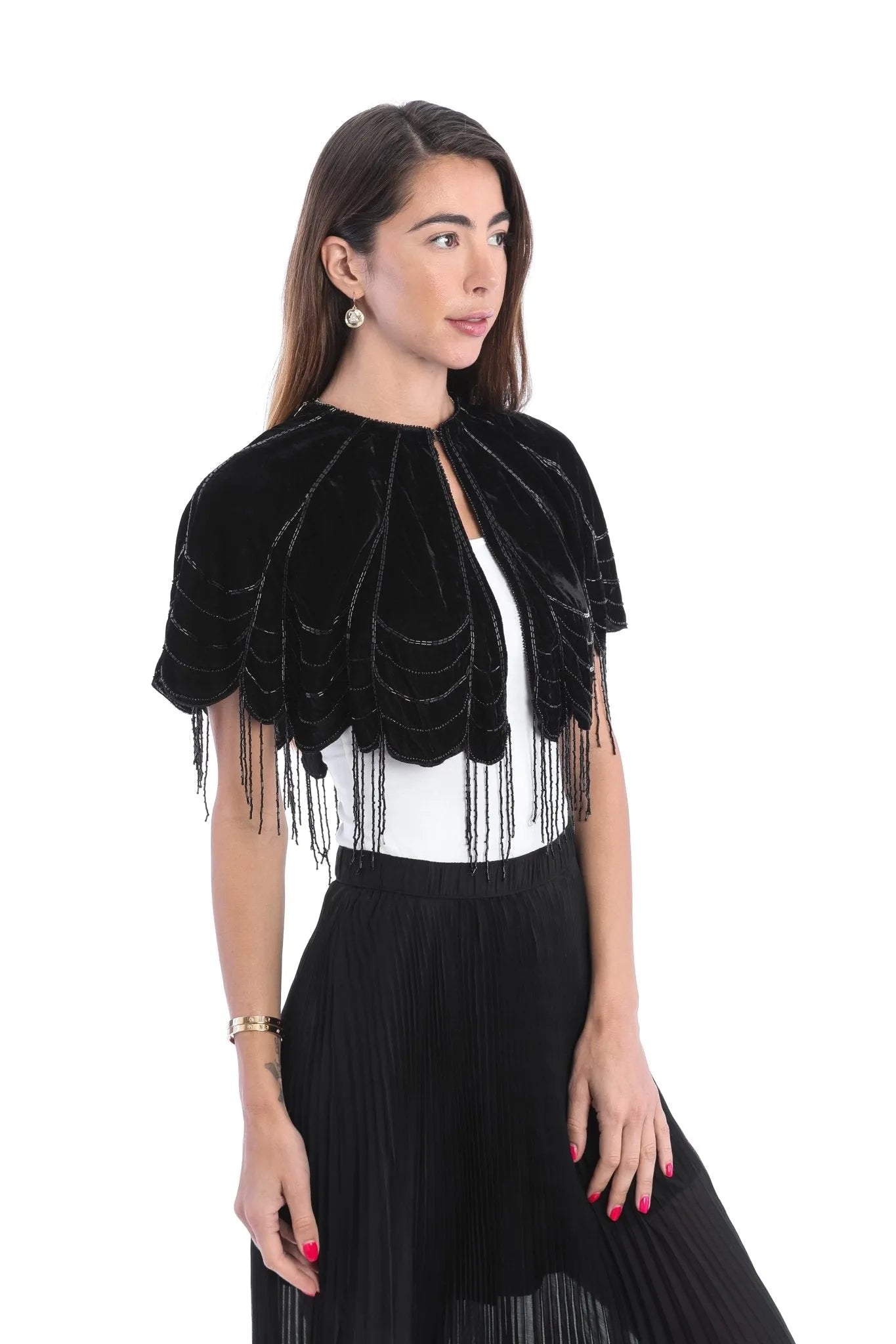 Scallops Embellished Velvet Capelet - Black