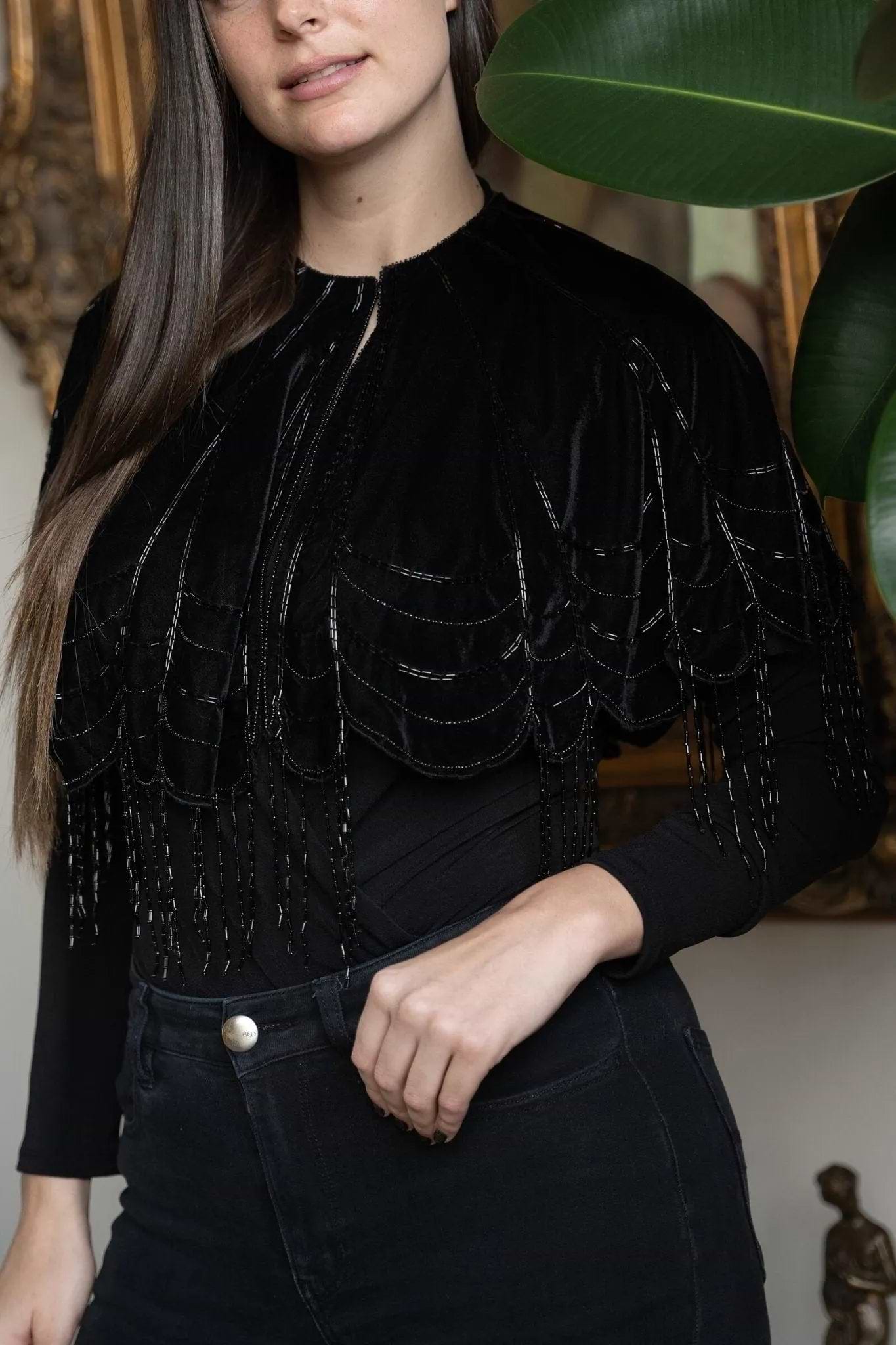 Scallops Embellished Velvet Capelet - Black
