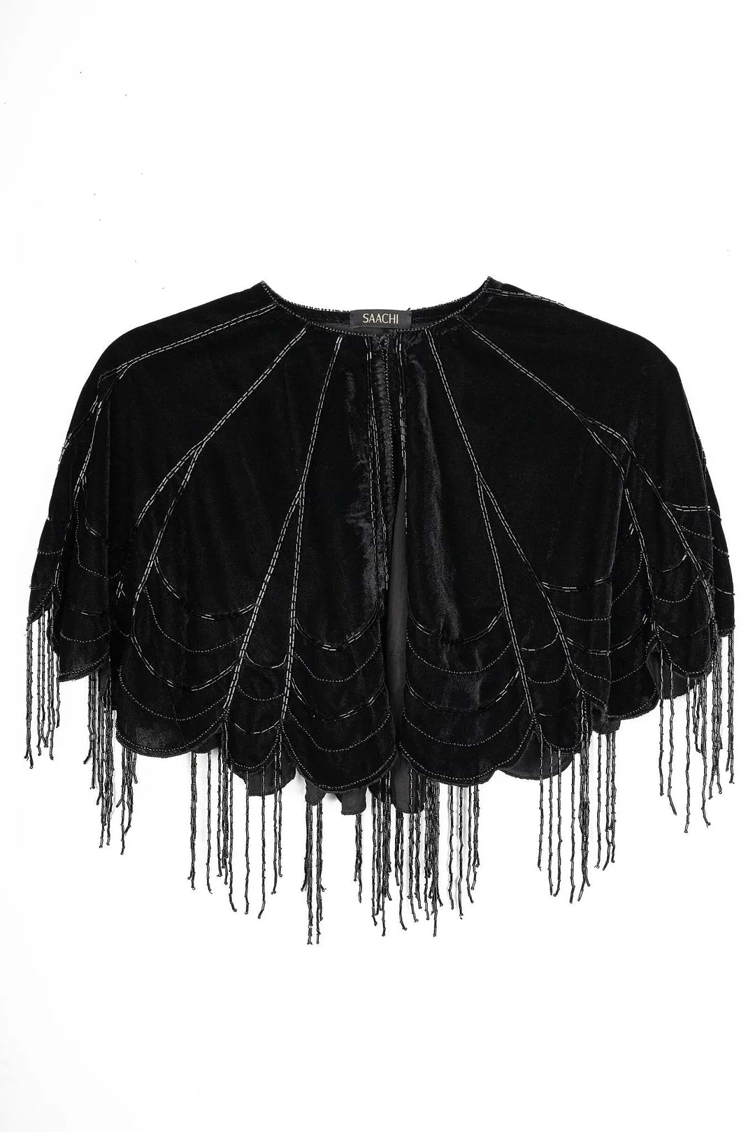 Scallops Embellished Velvet Capelet - Black