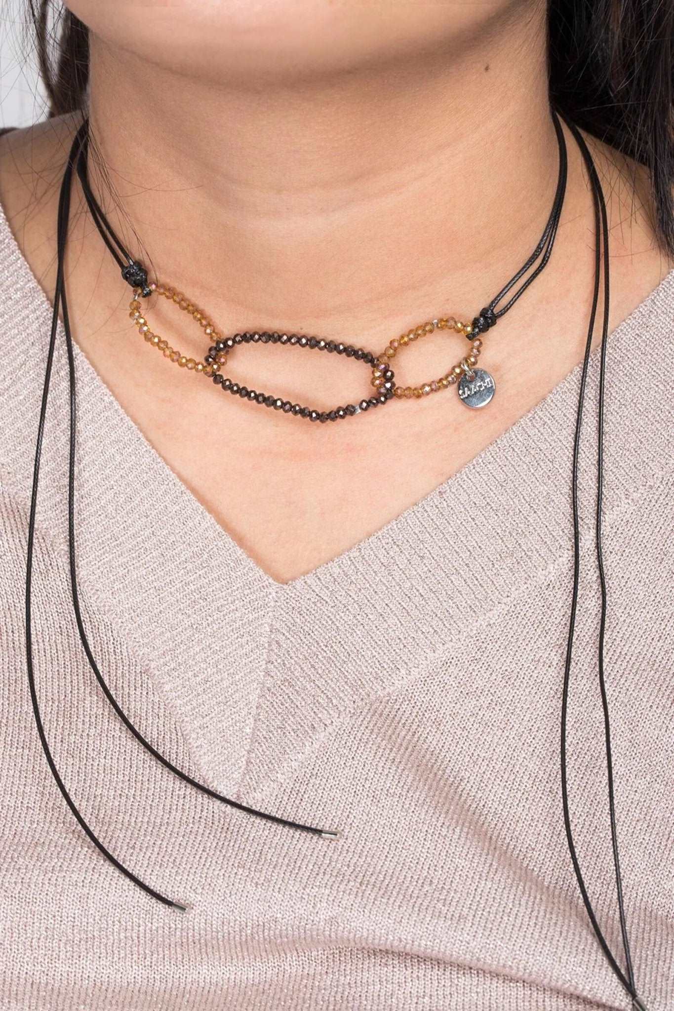 3-Oval Crystal Bead Ring Wrap Choker Brown